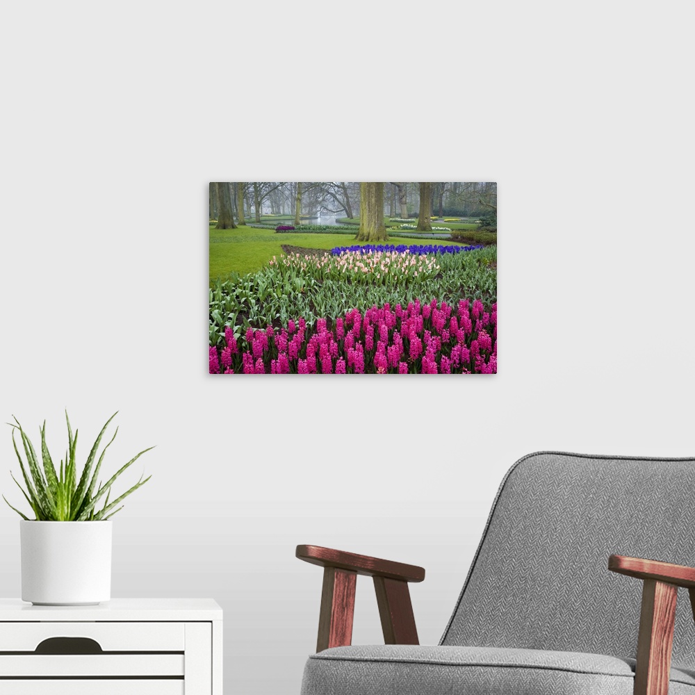 A modern room featuring This is a landscape photograph of a garden full of carefully cultivated flowers in meticulously o...