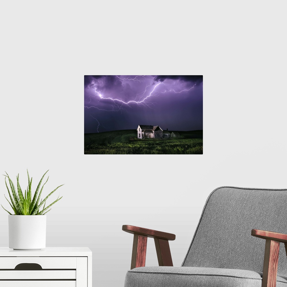 A modern room featuring Lighting storm over abandoned home