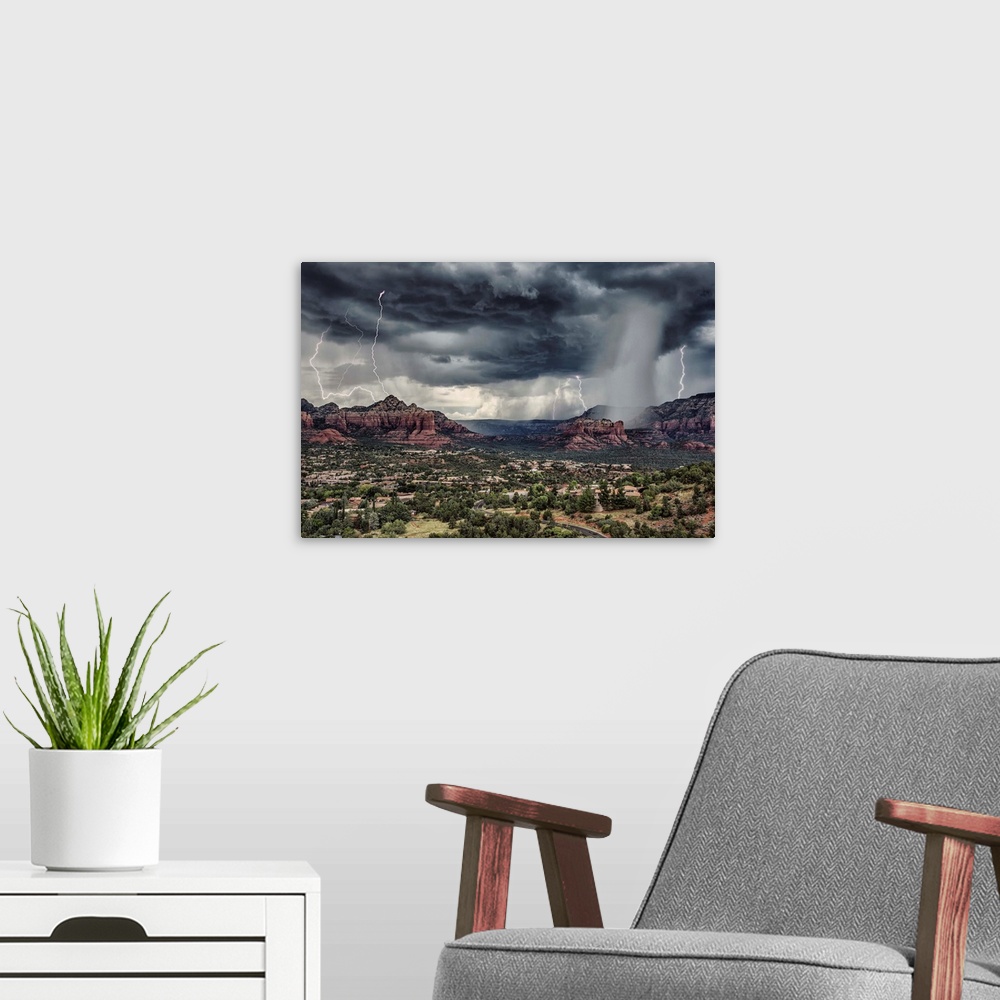 A modern room featuring Lightning storm over Sedona, Arizona.