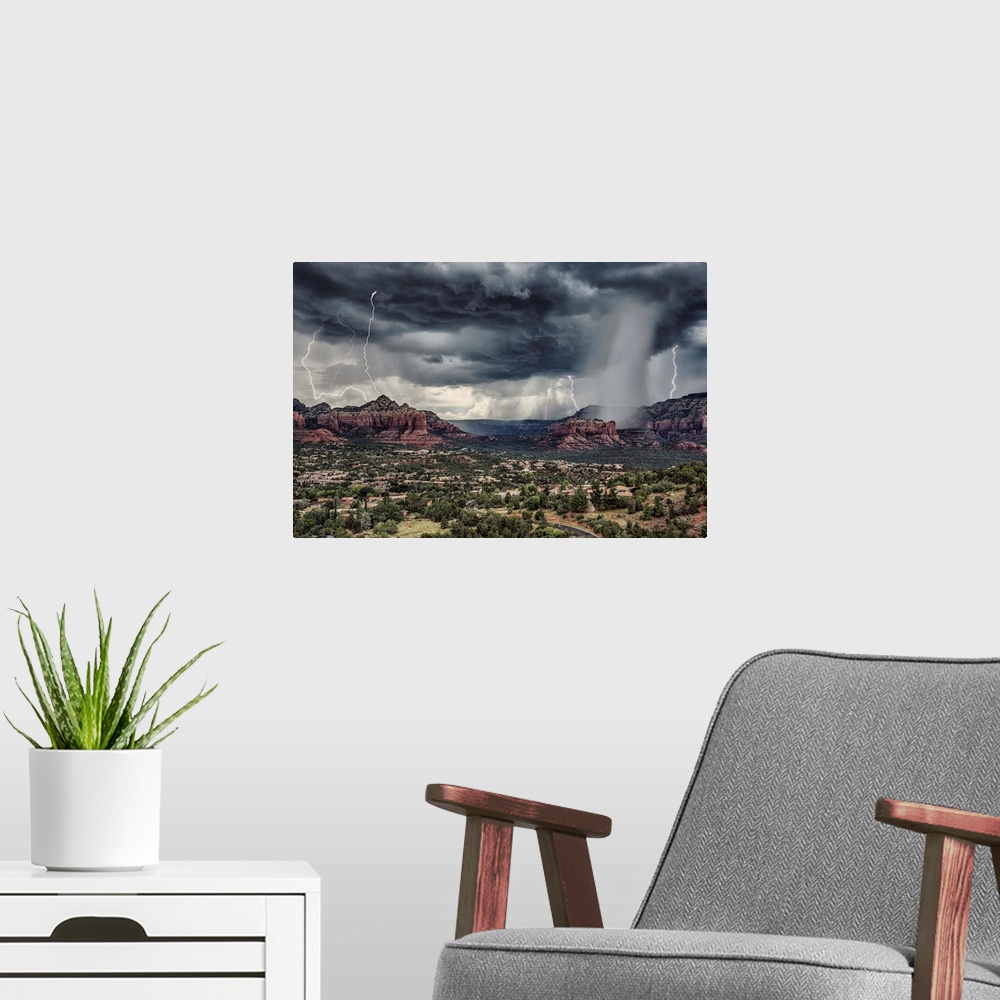 A modern room featuring Lightning storm over Sedona, Arizona.