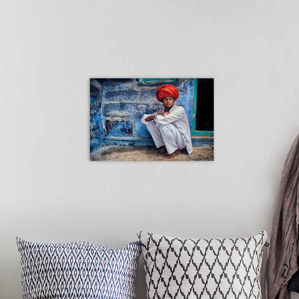 A bohemian room featuring Man with red turban in the Blue City of Jodhpur, India.