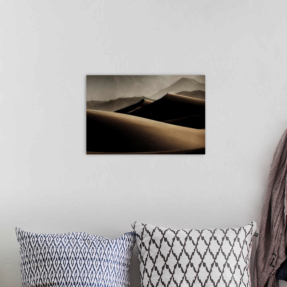 A bohemian room featuring Mesquite Sand dunes in Death Valley National Park at sunrise