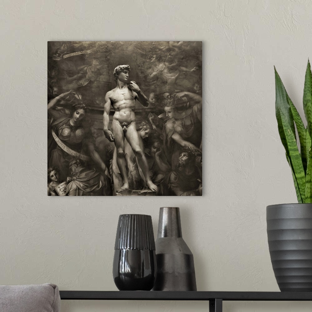 A modern room featuring MichaelAngelos David montage in Florence, Italy
