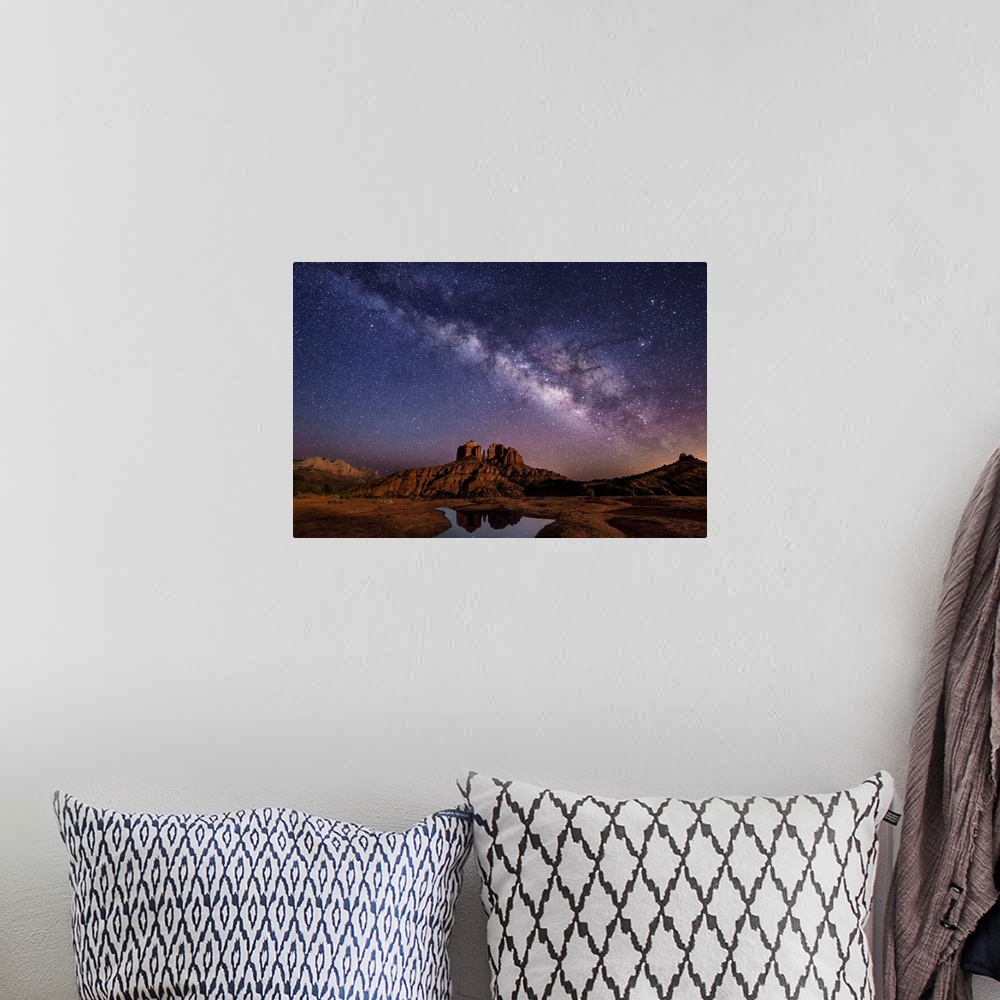 A bohemian room featuring Milky Way and moonlight over Cathedral Rocks in Sedona, Arizona.