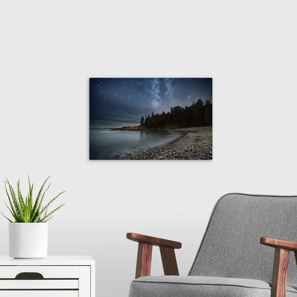A modern room featuring Milky Way over the coastline in Acadia National Park.