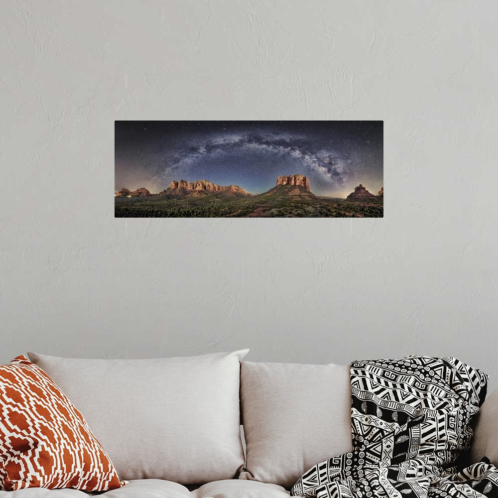 A bohemian room featuring Milky Way panorama with moonlight in Sedona, Arizona.