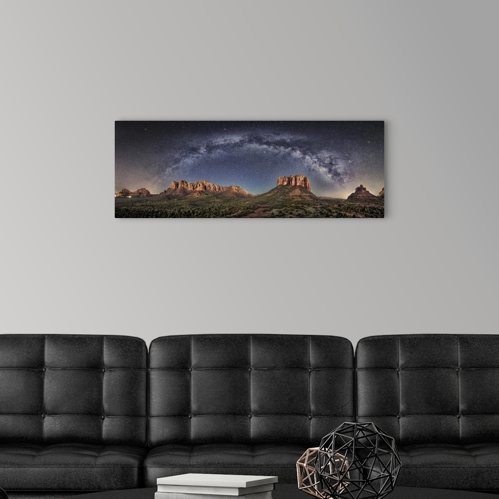 A modern room featuring Milky Way panorama with moonlight in Sedona, Arizona.