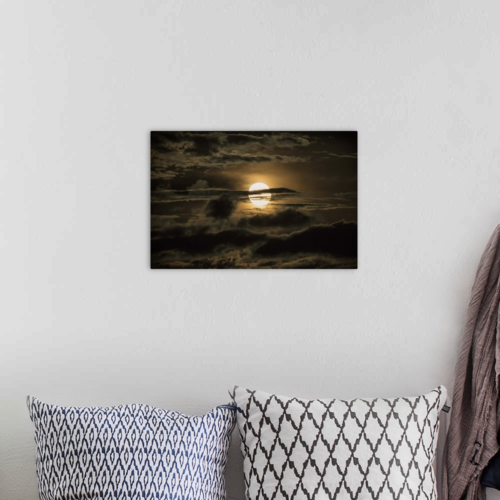 A bohemian room featuring moon, clouds, surreal, beauty, travel, weather, golden, sunset, sky, landscape