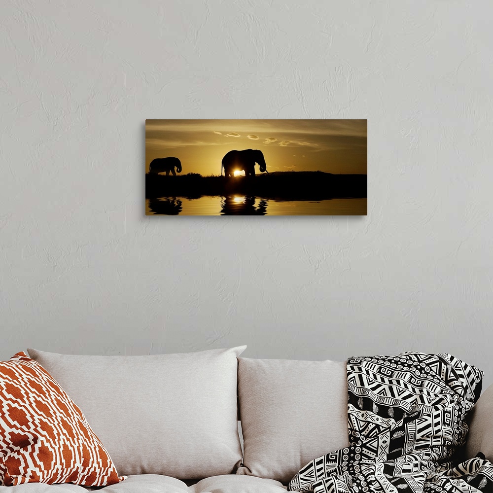 A bohemian room featuring Mother and baby elephant walking by a lake at sunrise in Kenya