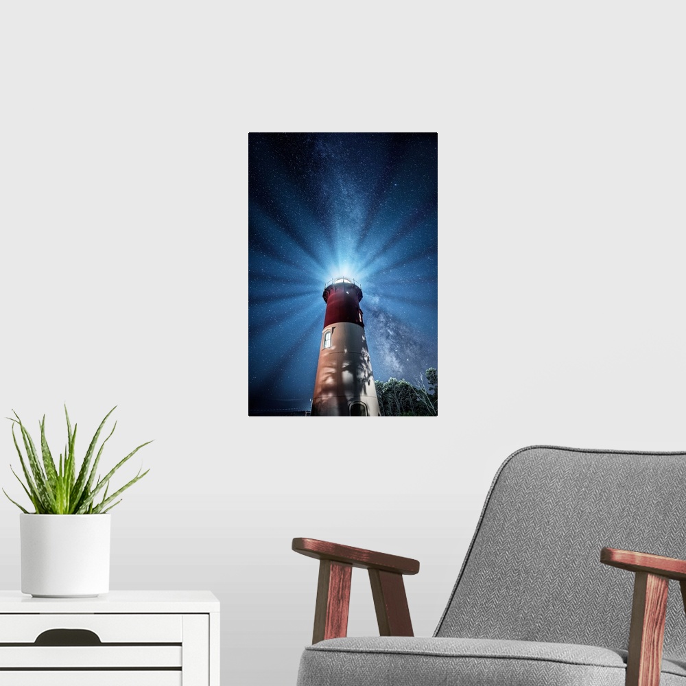 A modern room featuring Nauset Lighthouse and Milky Way after dark.