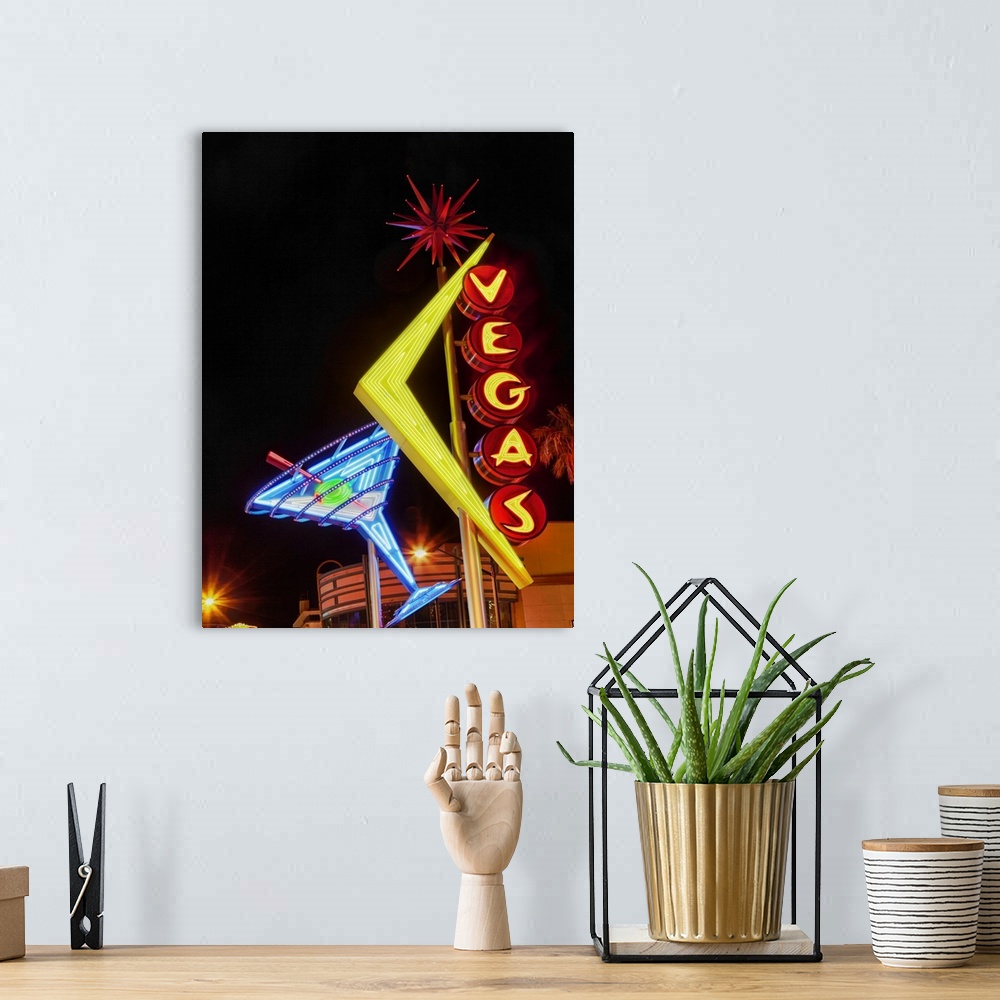 A bohemian room featuring Neon on the Las Vegas strip at night