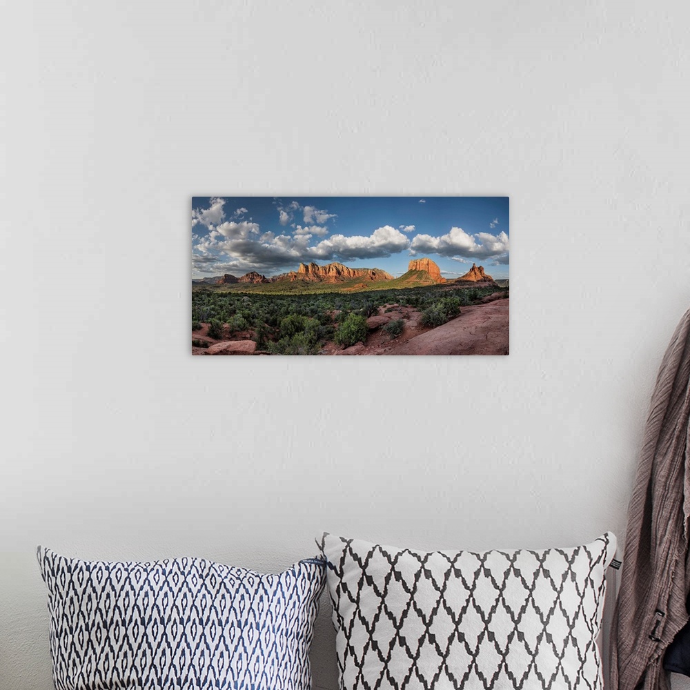 A bohemian room featuring Panorama of clouds and red rocks at sunset in Sedona, Arizona.