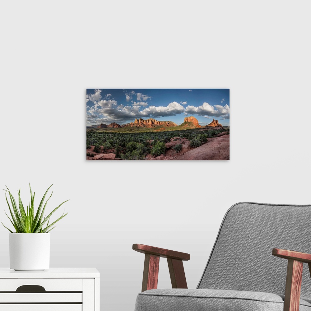 A modern room featuring Panorama of clouds and red rocks at sunset in Sedona, Arizona.