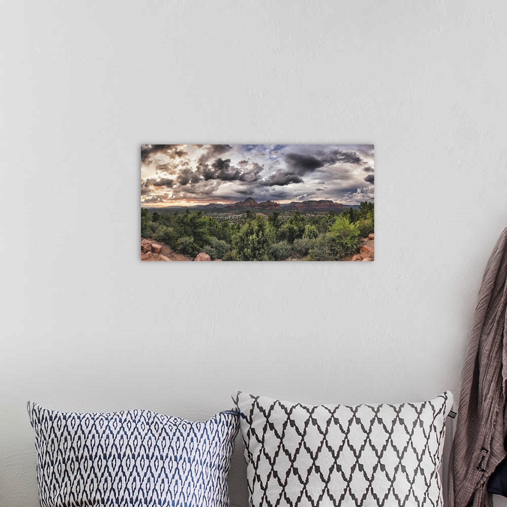 A bohemian room featuring Panorama of clouds and red rocks in Sedona, Arizona.