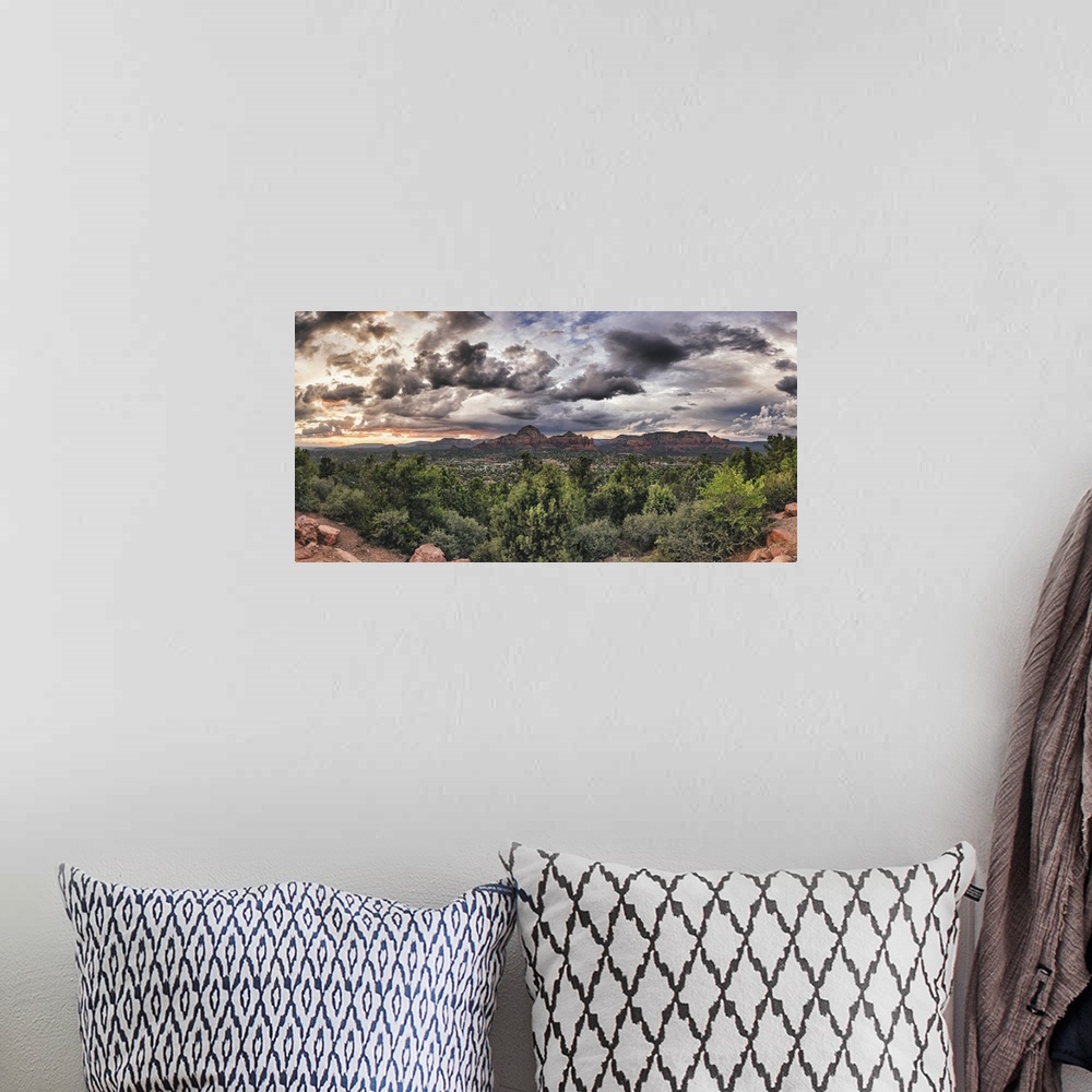 A bohemian room featuring Panorama of clouds and red rocks in Sedona, Arizona.
