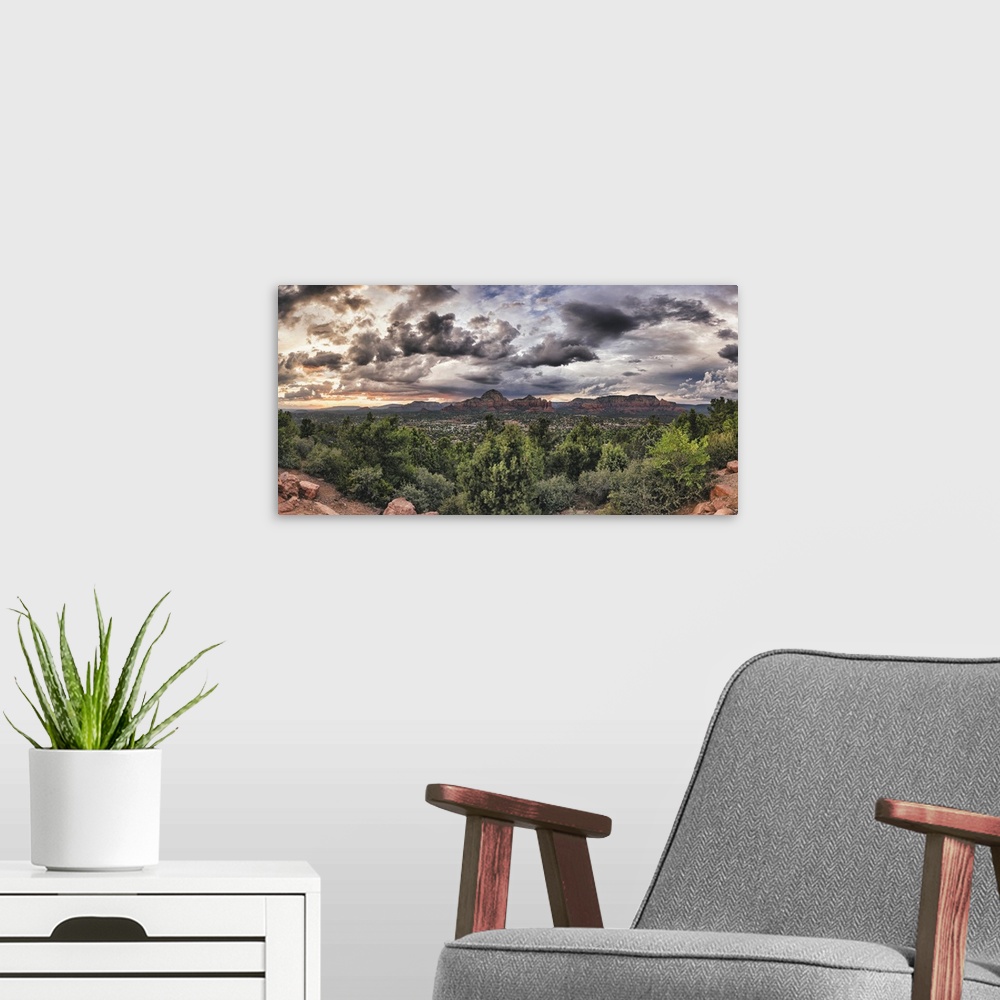 A modern room featuring Panorama of clouds and red rocks in Sedona, Arizona.