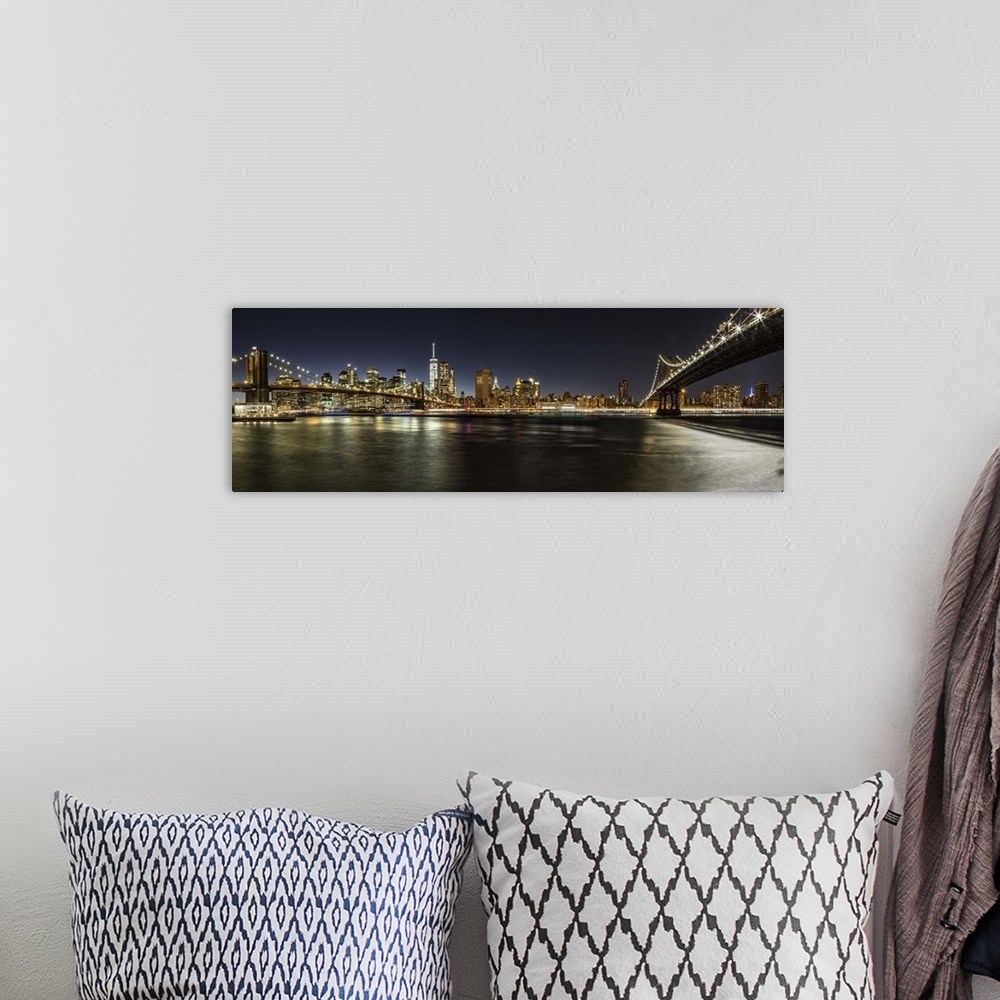 A bohemian room featuring Panorama of the Brooklyn and Manhattan Bridges in NYC.