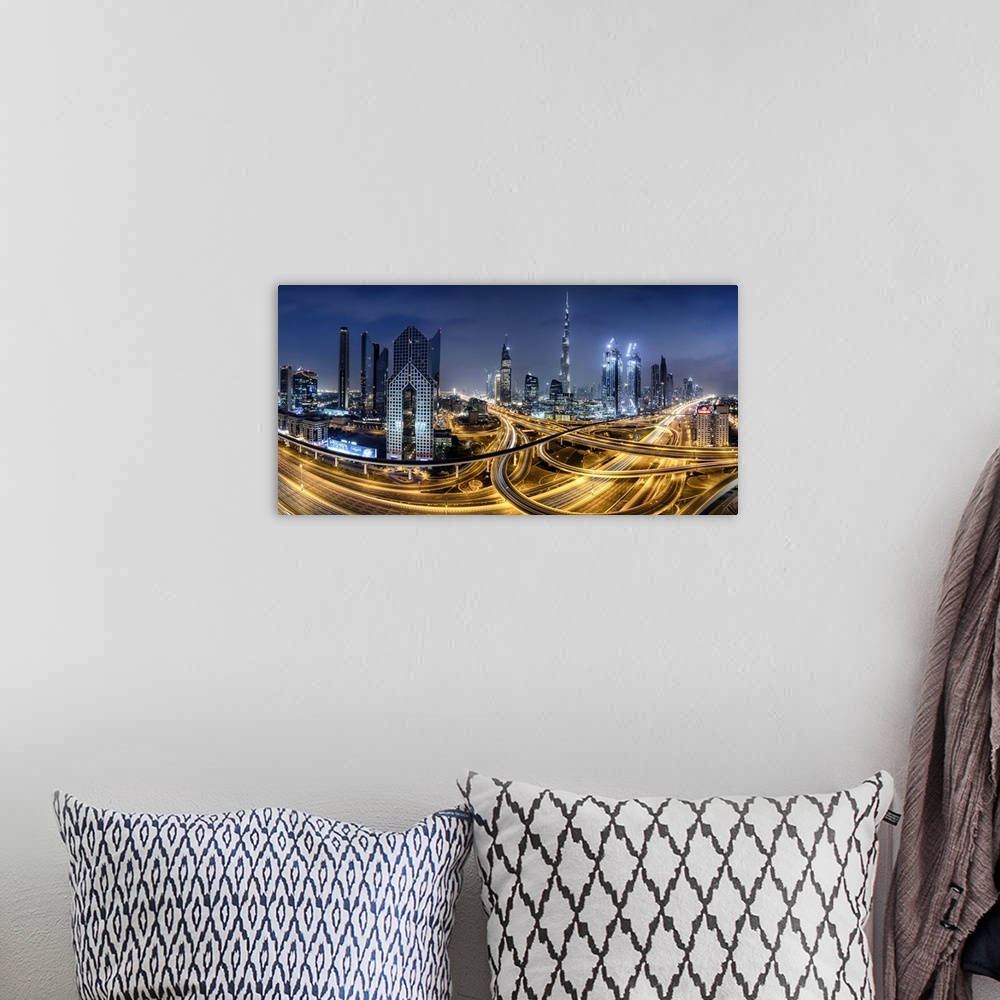 A bohemian room featuring Panorama of the Burj Khalifa and massive interchange of Dubai.