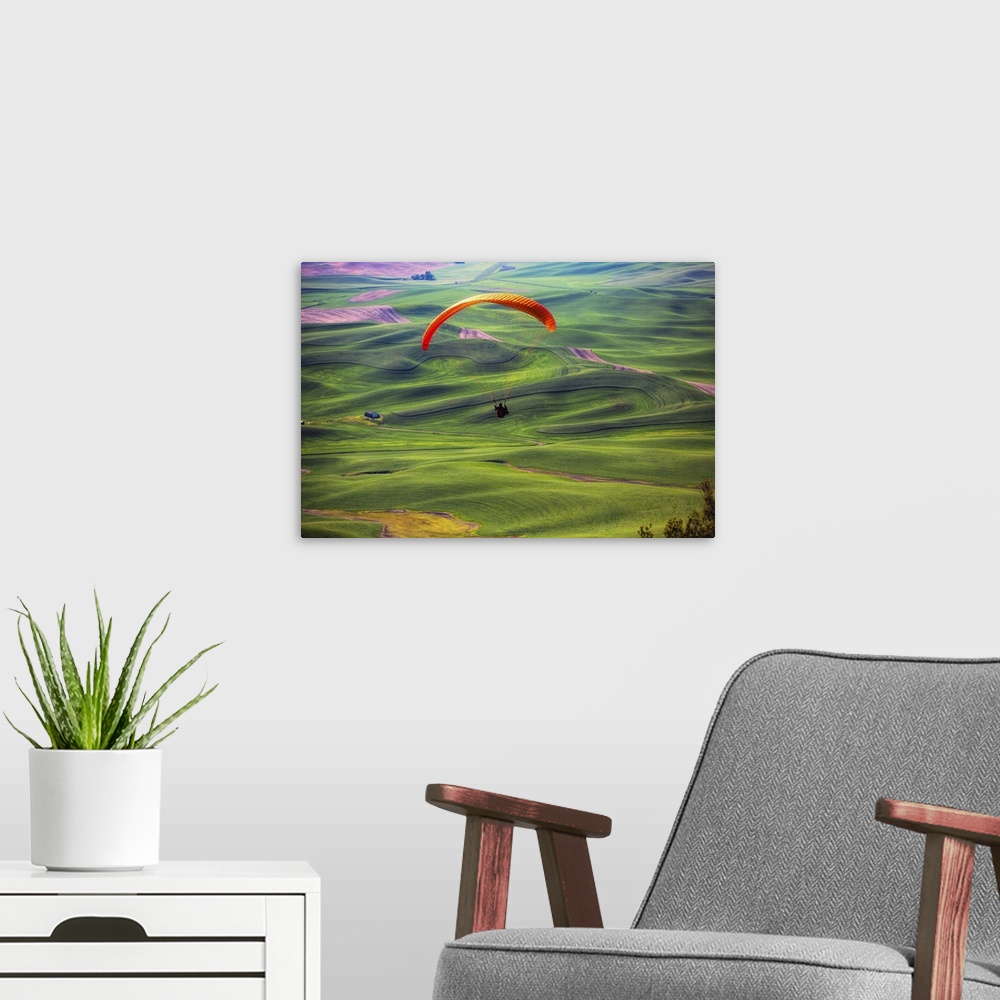 A modern room featuring Paraglider above green the wheat fields in the Palouse