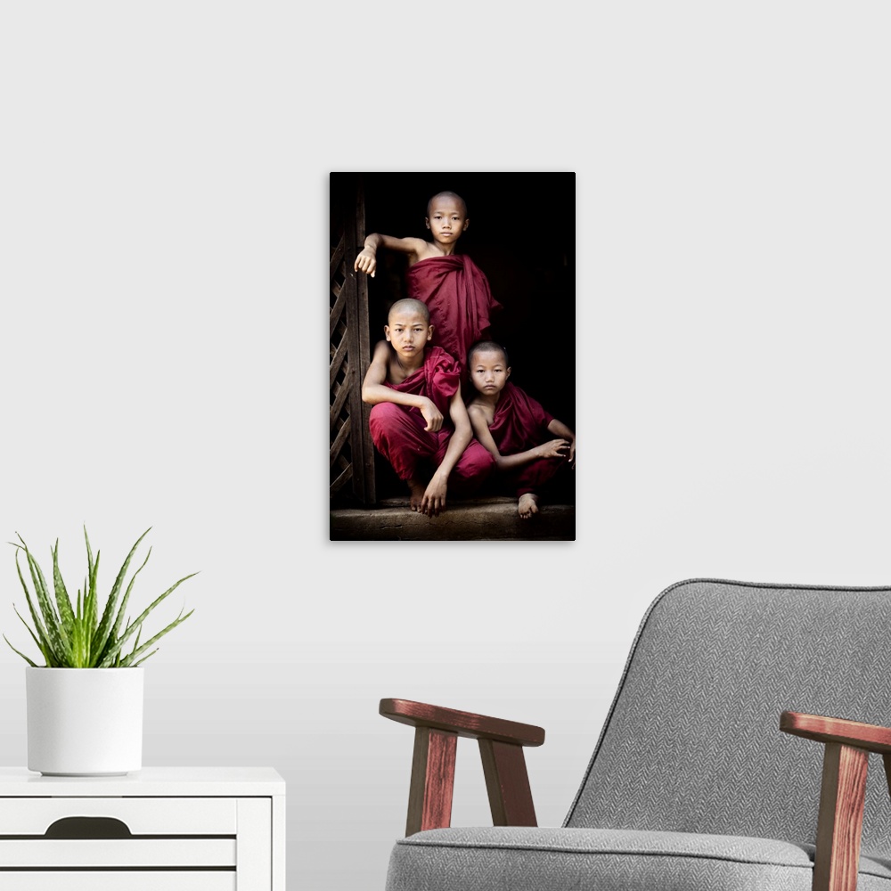 A modern room featuring Portrait of three young monks in their monastery, Bagan, Burma
