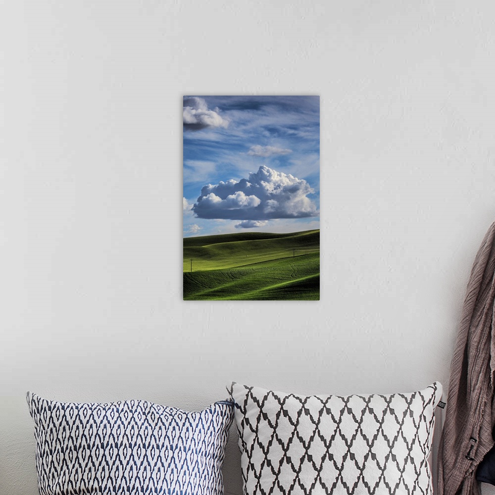 A bohemian room featuring Powerful clouds and green wheat fields in the Palouse