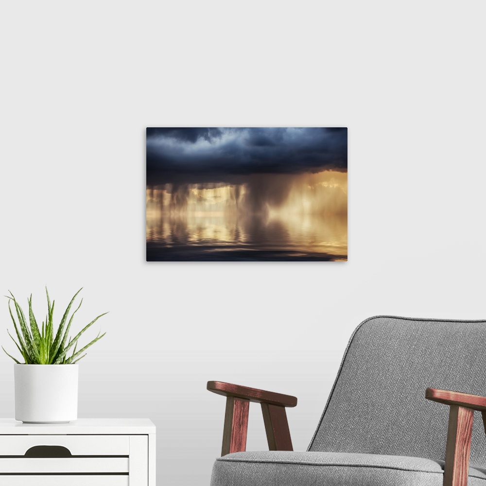 A modern room featuring Rain storm over the ocean