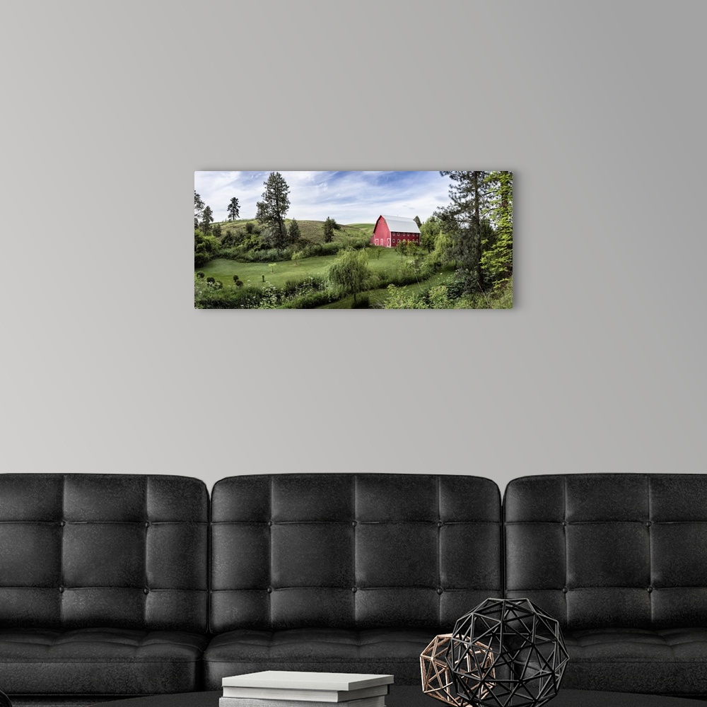 A modern room featuring Red barn and gardens in the Palouse region of Washington.