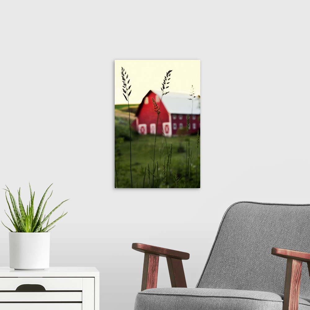 A modern room featuring Red barn and green wheat fields in the Palouse
