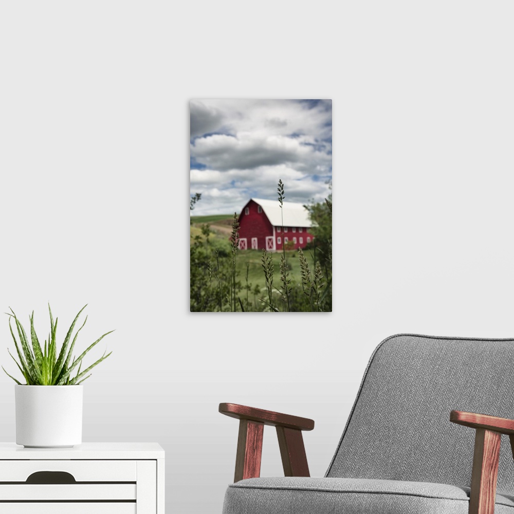 A modern room featuring Red barn and green wheat fields in the Palouse