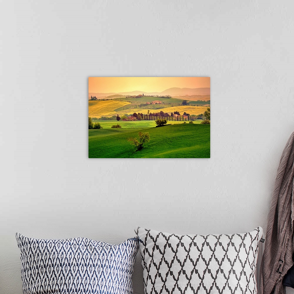 A bohemian room featuring Photograph of hillsides with mountain silhouettes in the background.  The hills are covered with ...