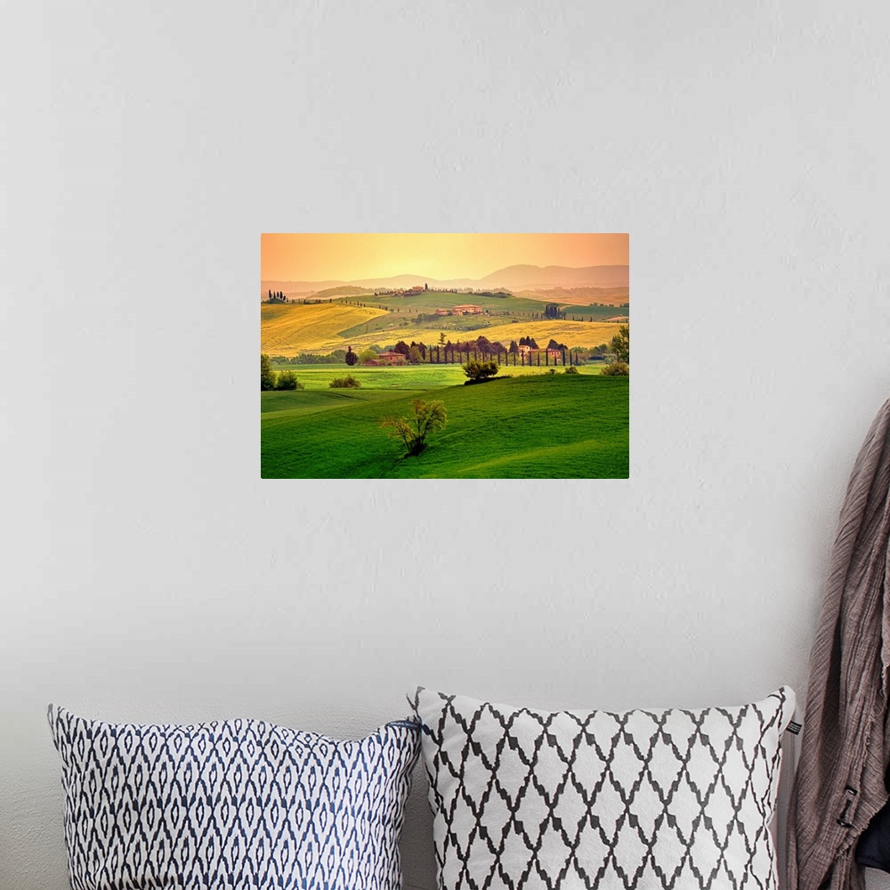 A bohemian room featuring Photograph of hillsides with mountain silhouettes in the background.  The hills are covered with ...