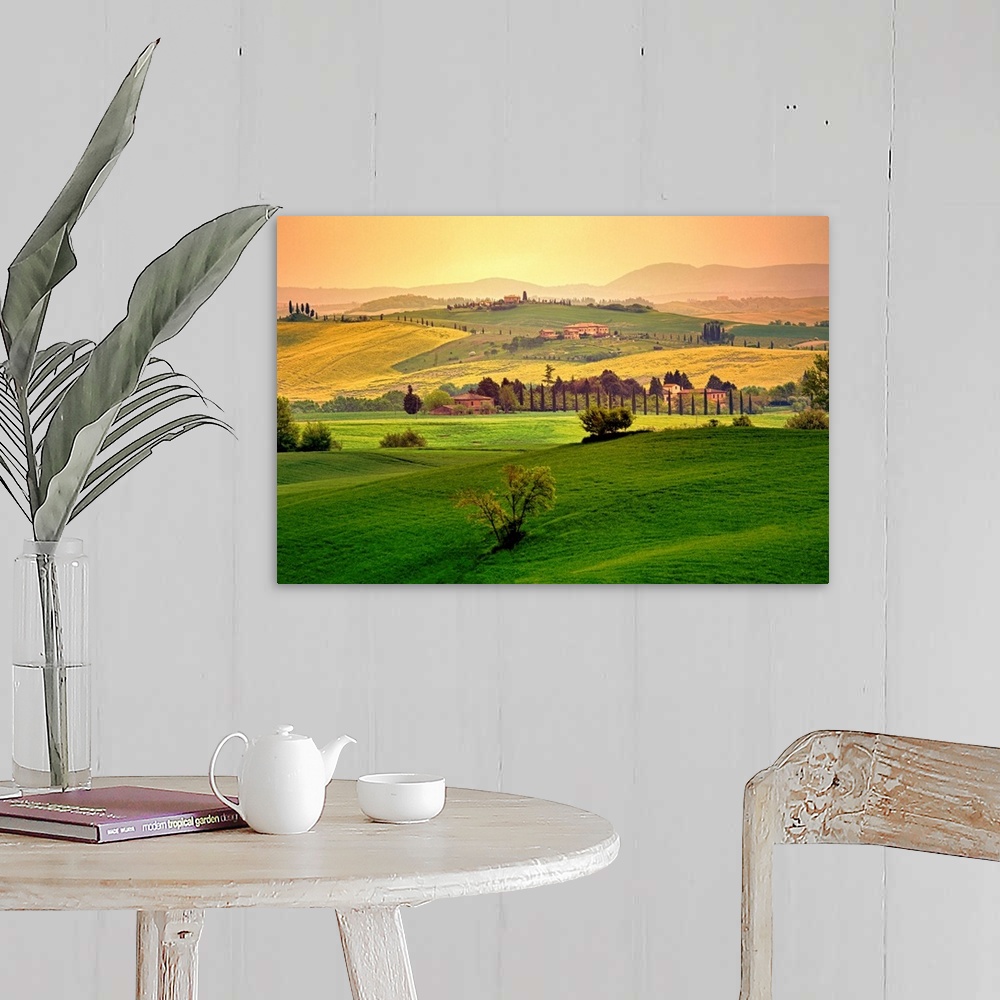 A farmhouse room featuring Photograph of hillsides with mountain silhouettes in the background.  The hills are covered with ...
