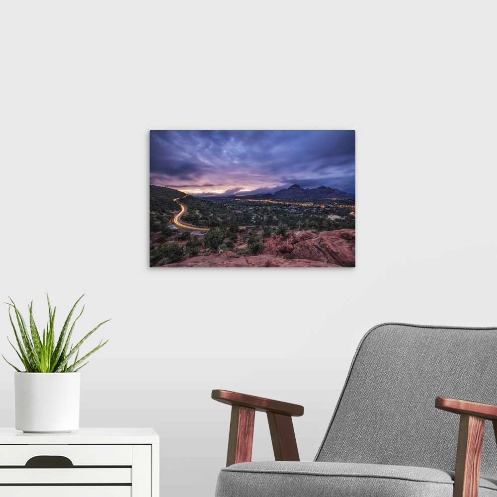 A modern room featuring Car trails above Sedona, Arizona at sunset.