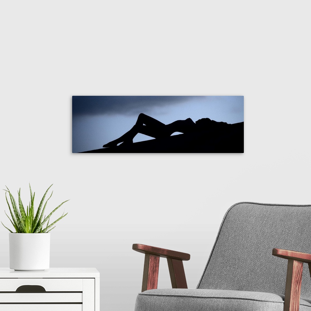 A modern room featuring Silhouette of a nude woman outdoors at dusk