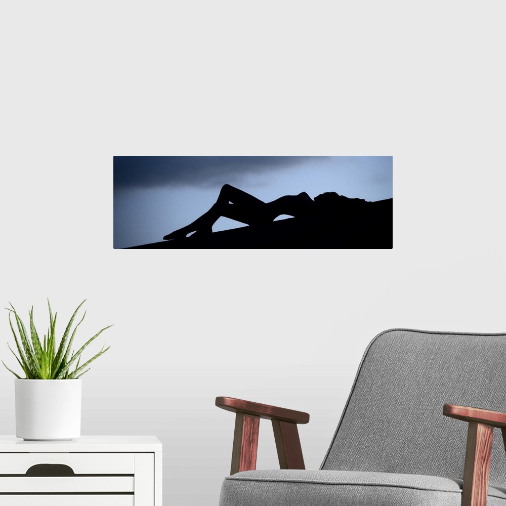 A modern room featuring Silhouette of a nude woman outdoors at dusk