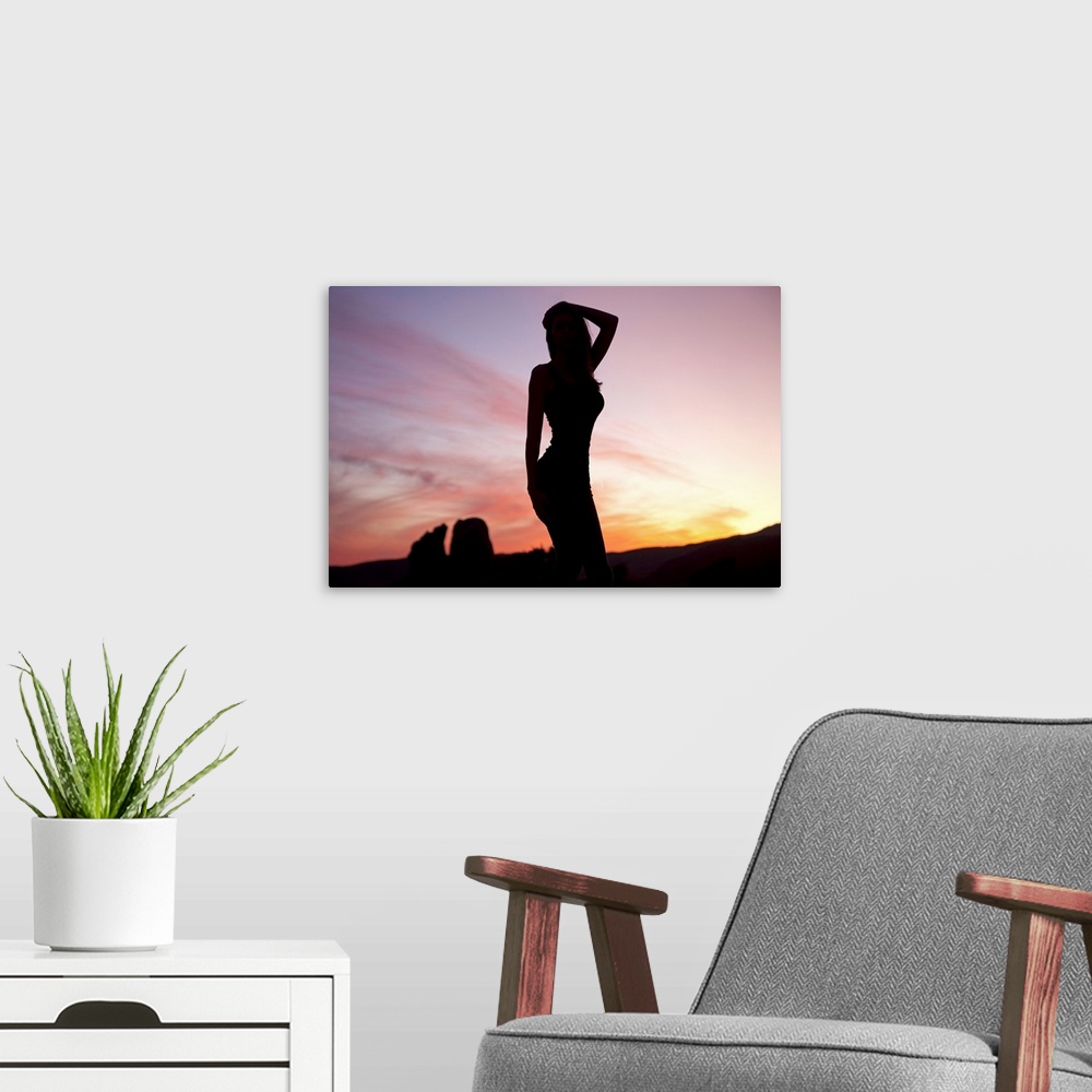 A modern room featuring Silhouette of a woman at sunset, Joshua Tree National Park, California
