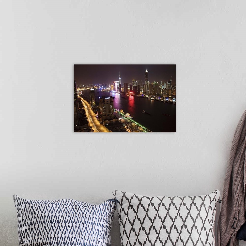A bohemian room featuring Skyline above the Bund and Pudong at night, Shanghai, China