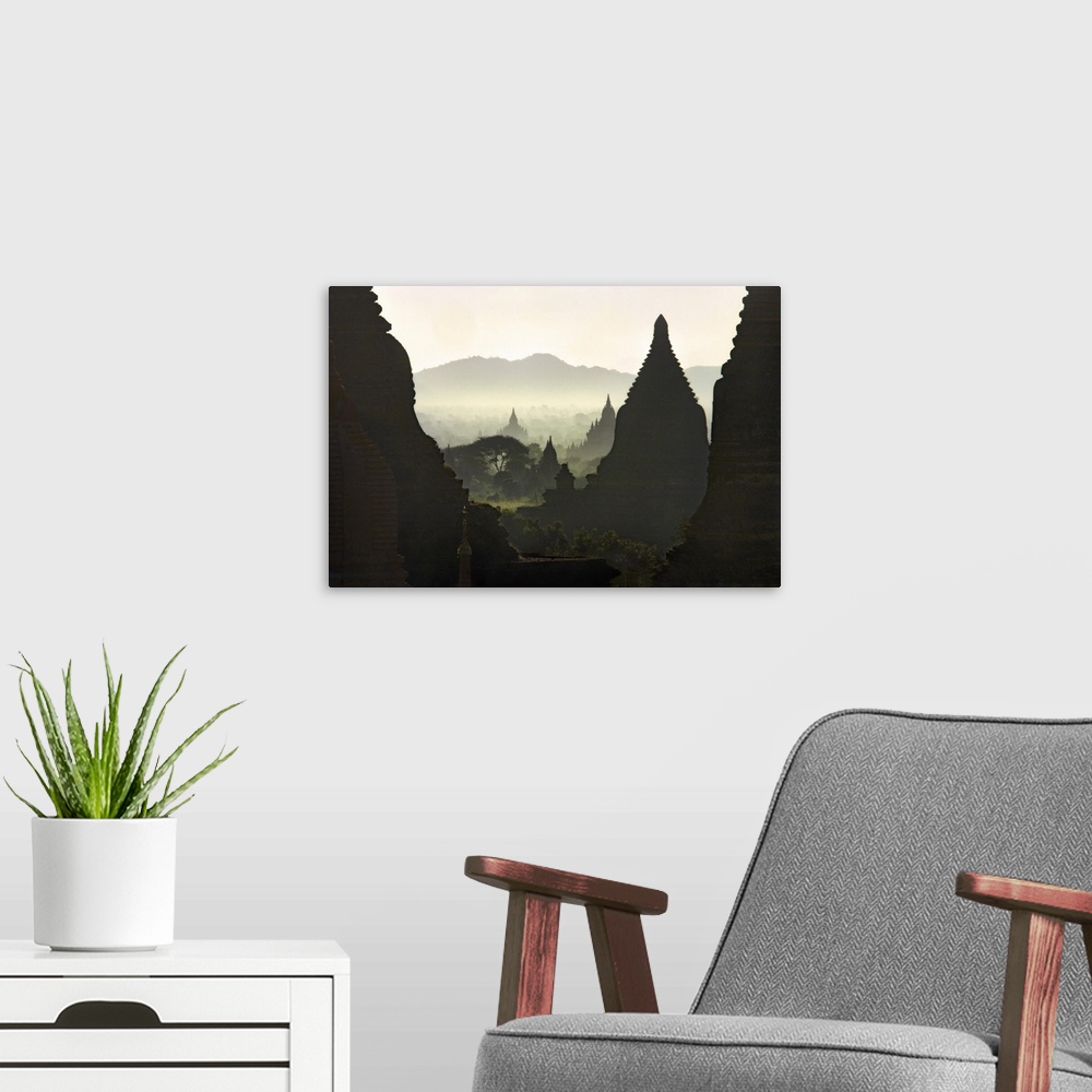A modern room featuring Sunrise over the temples of Bagan, Burma