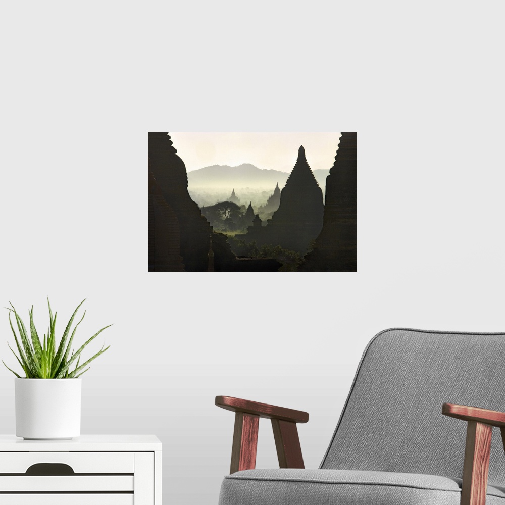 A modern room featuring Sunrise over the temples of Bagan, Burma