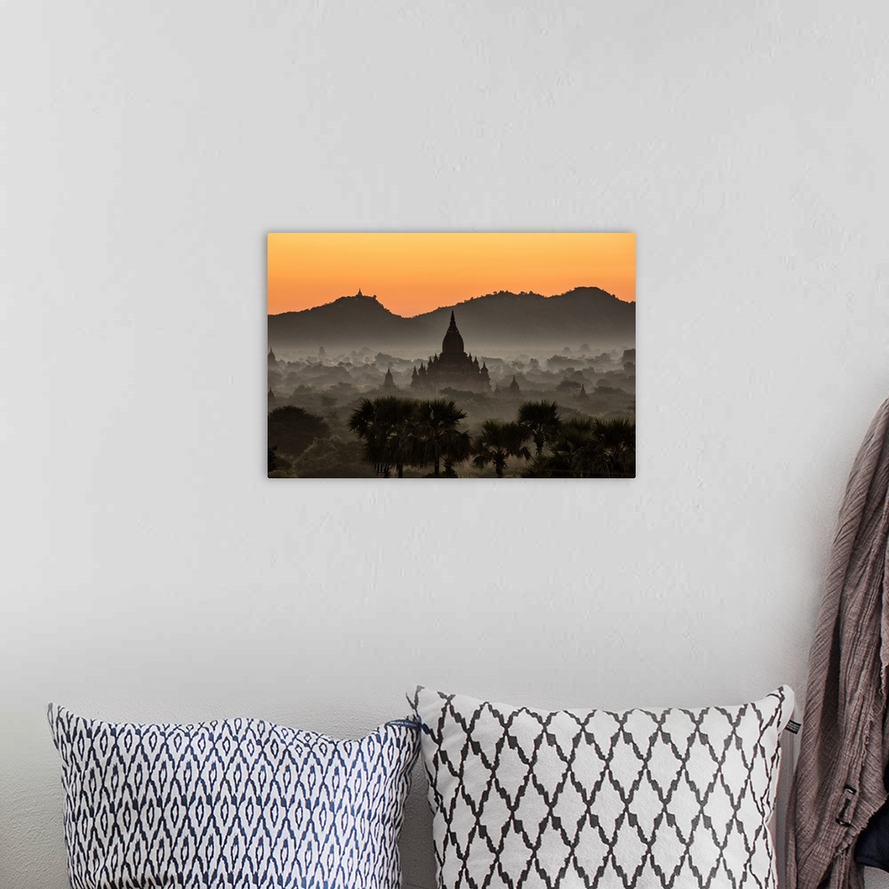 A bohemian room featuring Sunrise with temples in Bagan, Burma.