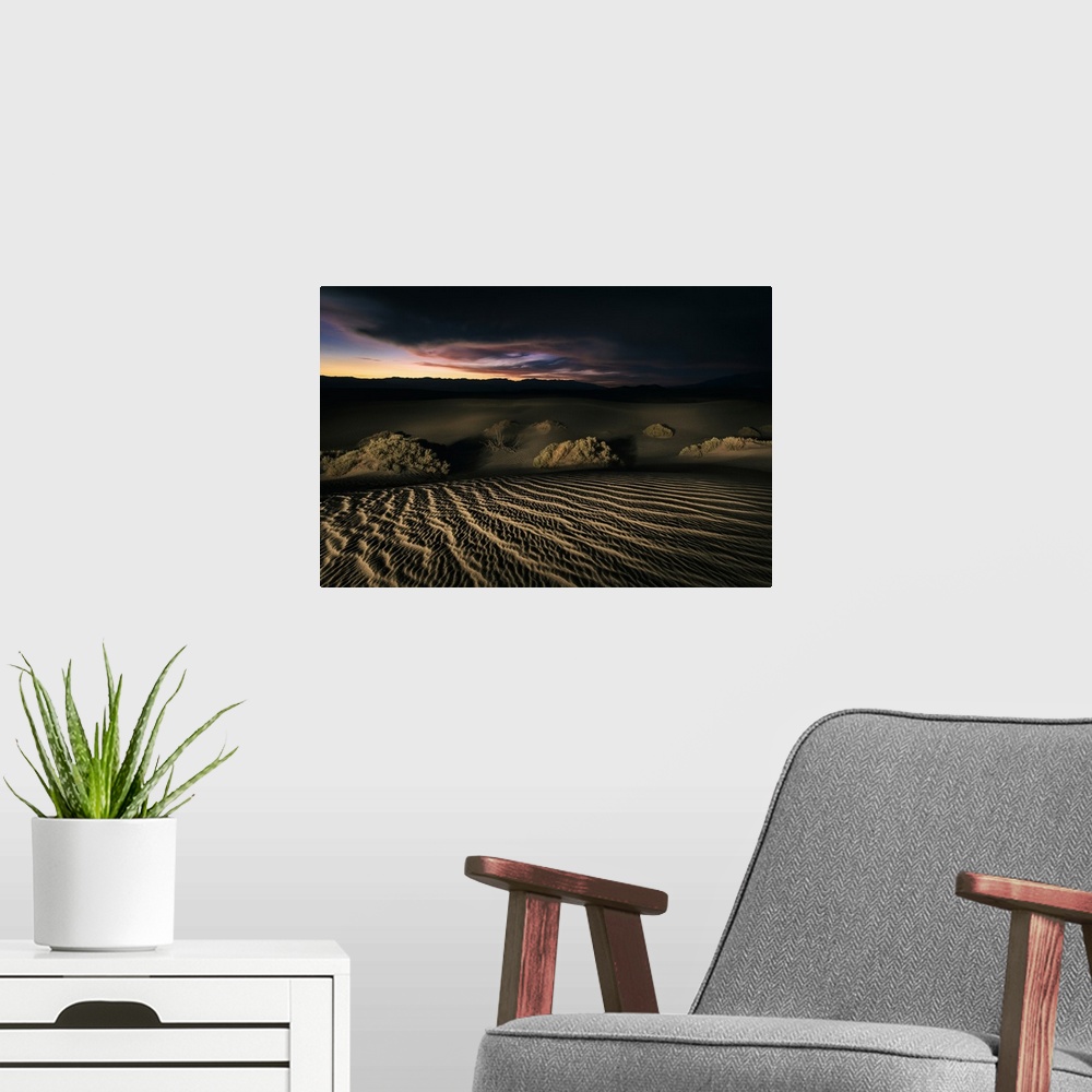 A modern room featuring Sunset on the Mesquite Sand Dunes at Death Valley National Park
