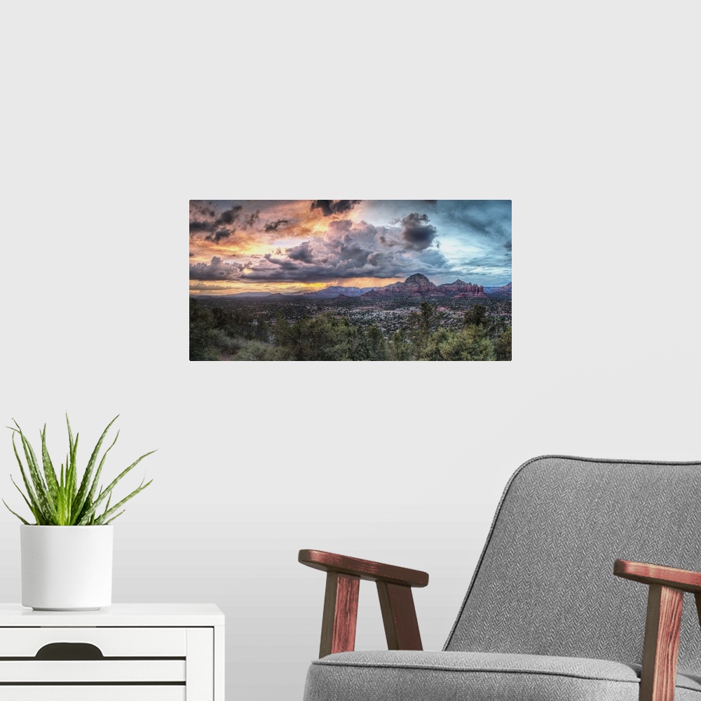 A modern room featuring Sunset with clouds over Sedona, Arizona