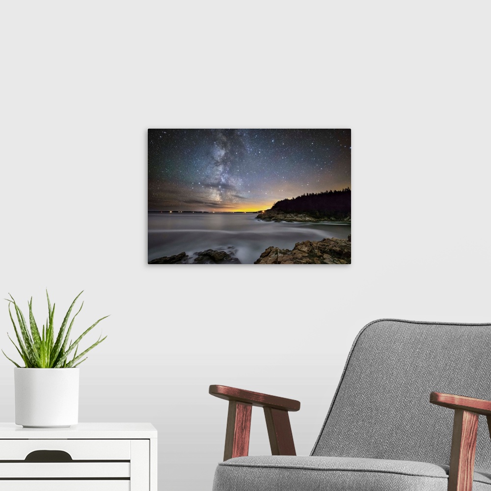 A modern room featuring The Milky Way over Acadia National Park