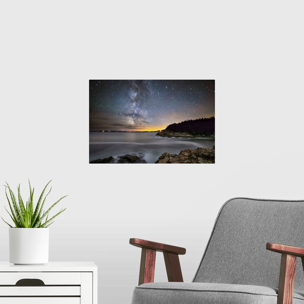 A modern room featuring The Milky Way over Acadia National Park