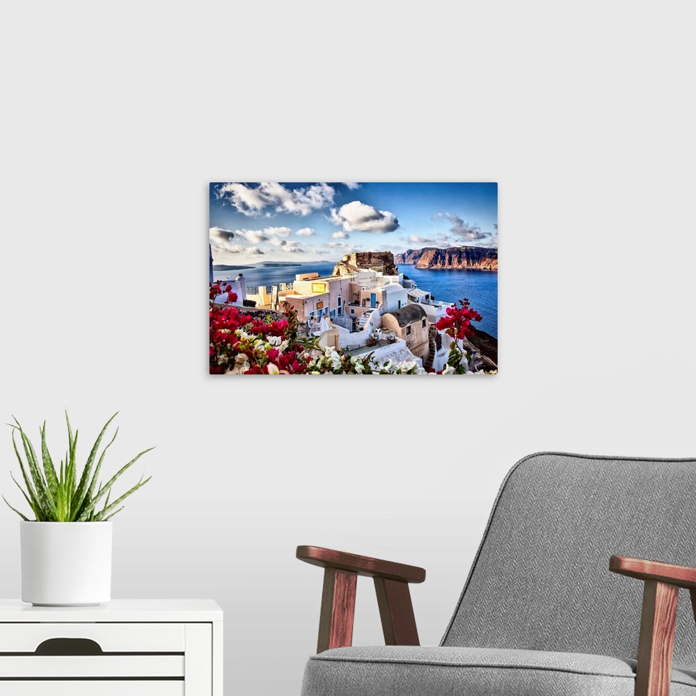 A modern room featuring The town of Oia, Santorini