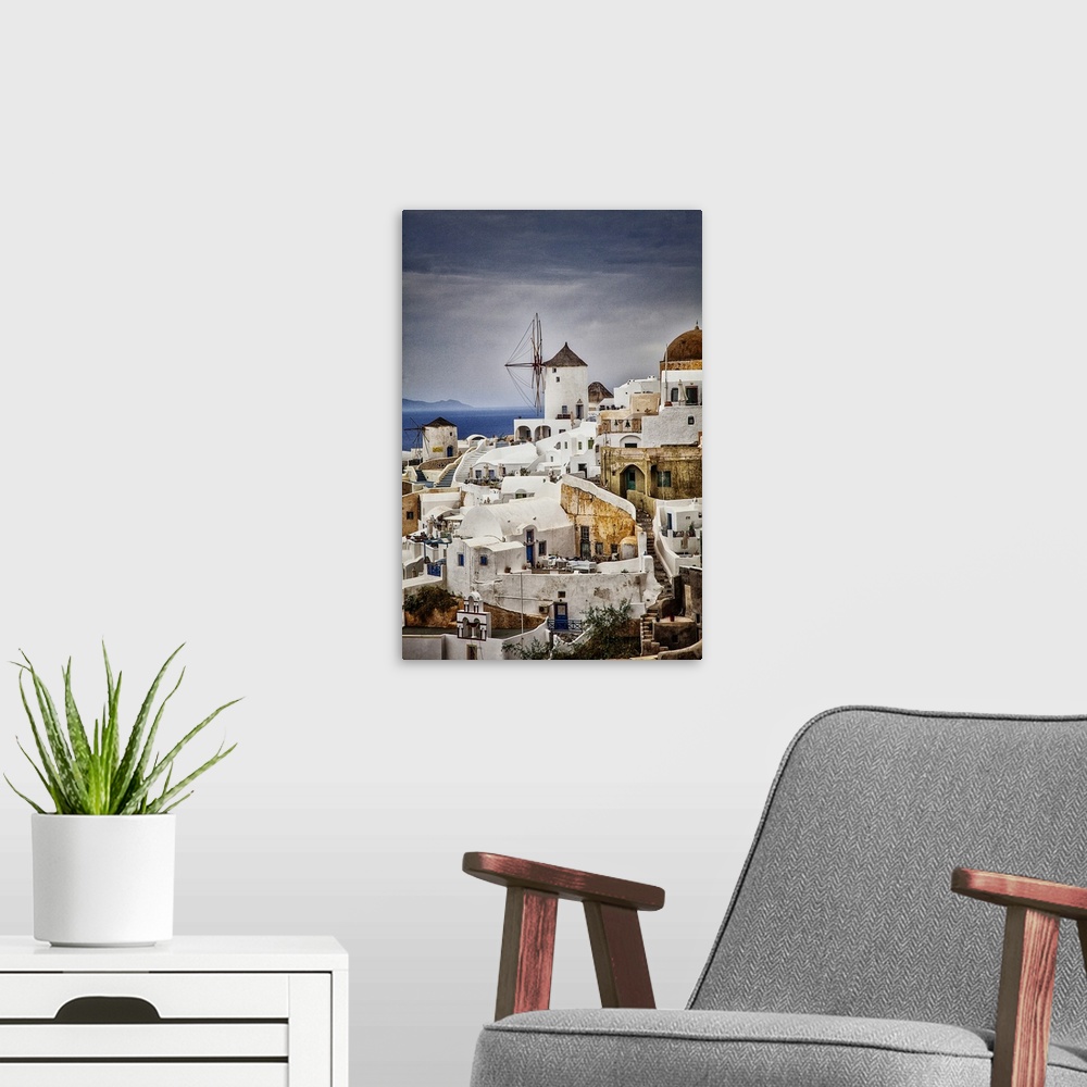 A modern room featuring The town of Oia, Santorini