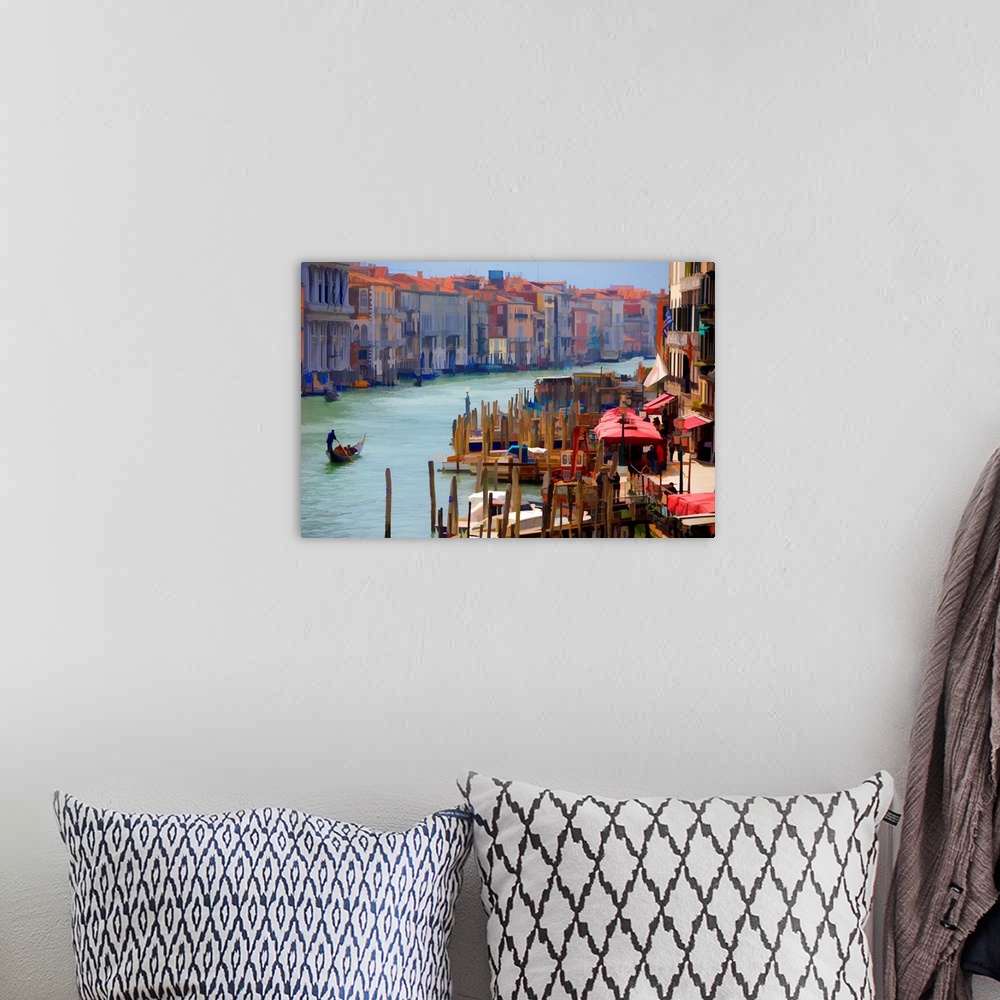 A bohemian room featuring A Venetian scene has been turned into wall art for the home by posterizing a photograph of the ca...