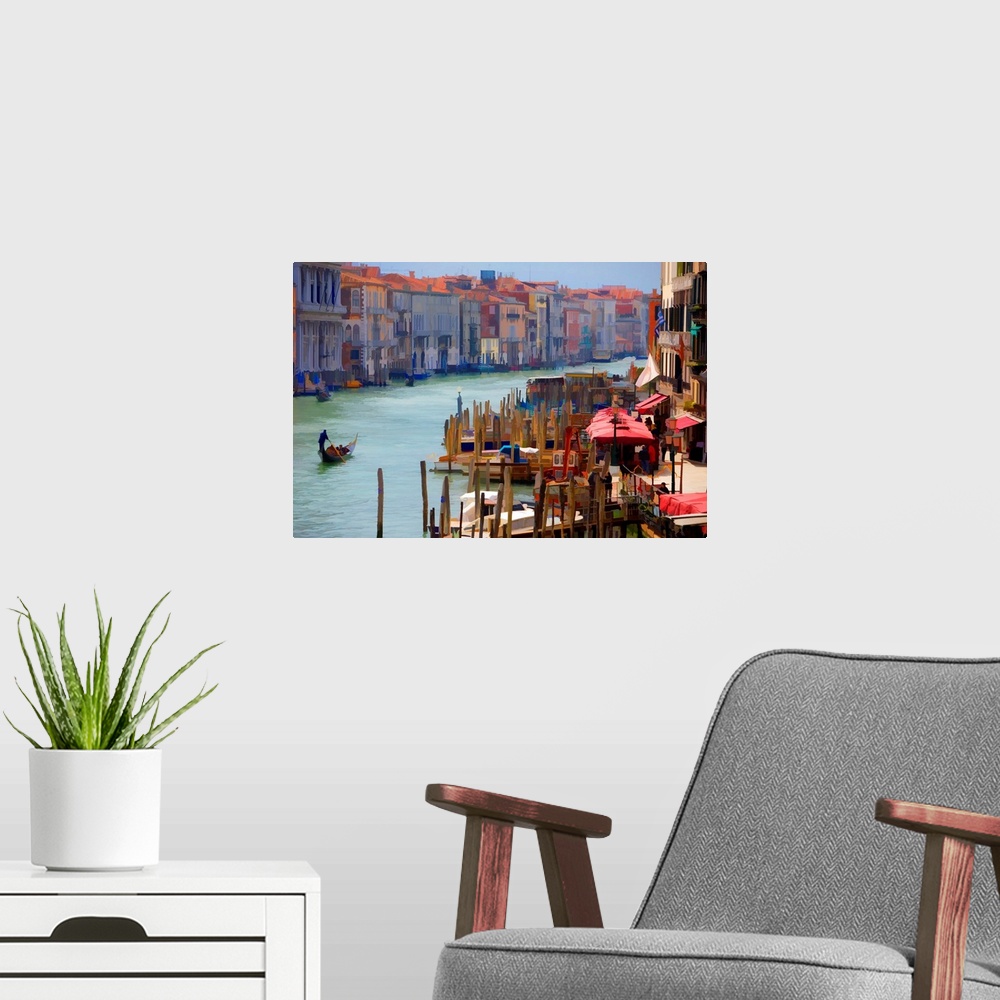 A modern room featuring A Venetian scene has been turned into wall art for the home by posterizing a photograph of the ca...