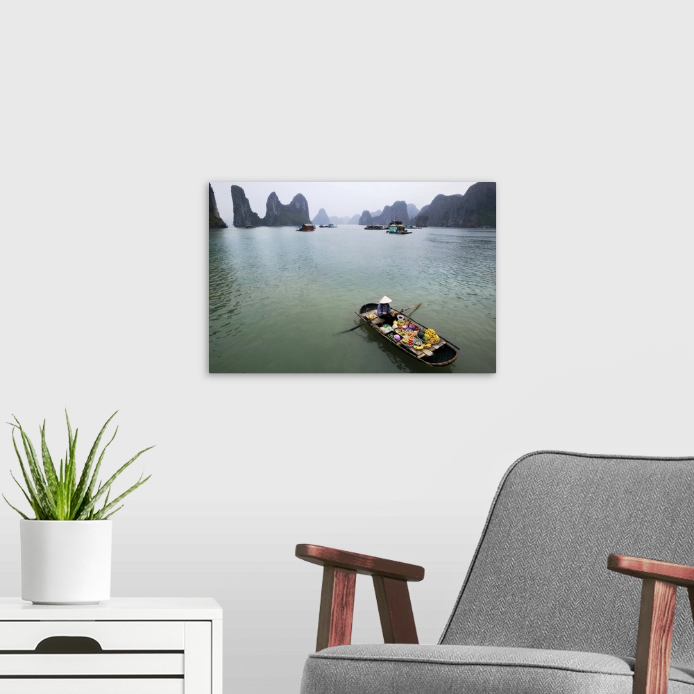 A modern room featuring Woman selling fruit by her floating village, Halong Bay, Vietnam
