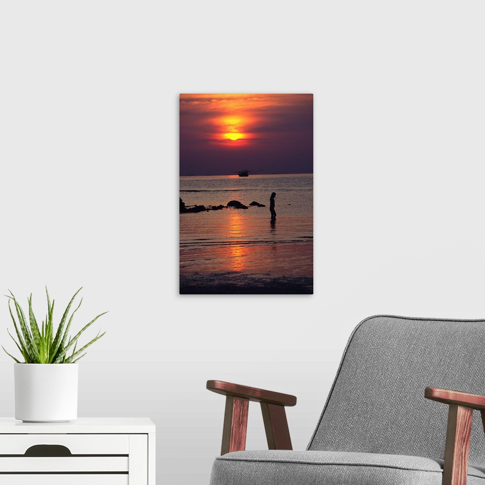 A modern room featuring Woman walking on beach at sunset, Koh Samui, Thailand